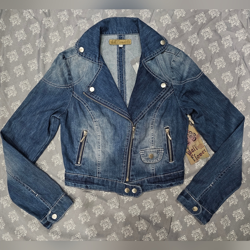 Wet Seal Wall Flower Distressed Blue Denim Zip Jean Moto Jacket Coat S